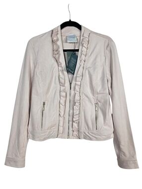 Lysse Soft Faux Suede Pale Pink Ruffle Front Zip Jacket